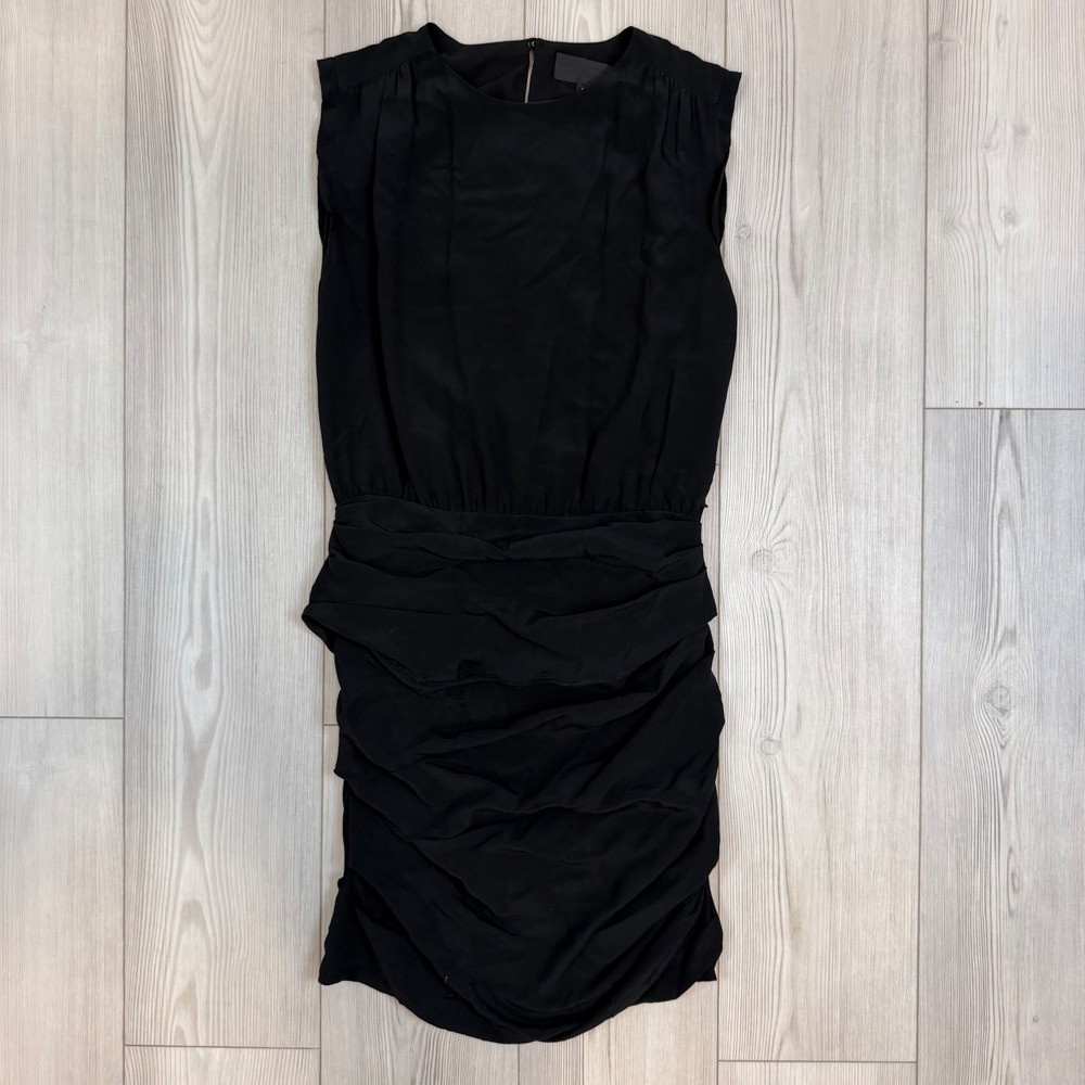 Nili Lotan Black Silk Ruched Mini Dress Sleeveless Side Zip Cocktail Size 6